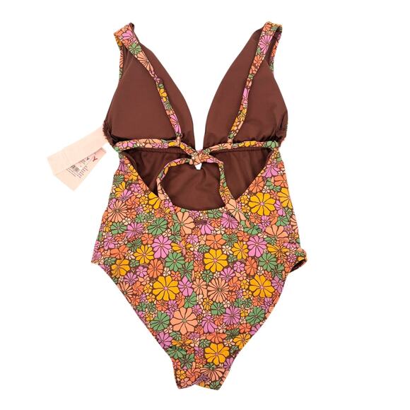 NEW Roxy All About Sol One Piece Swimsuit L Floral Plunge V Neck Hippie Retro - Picture 6 of 9